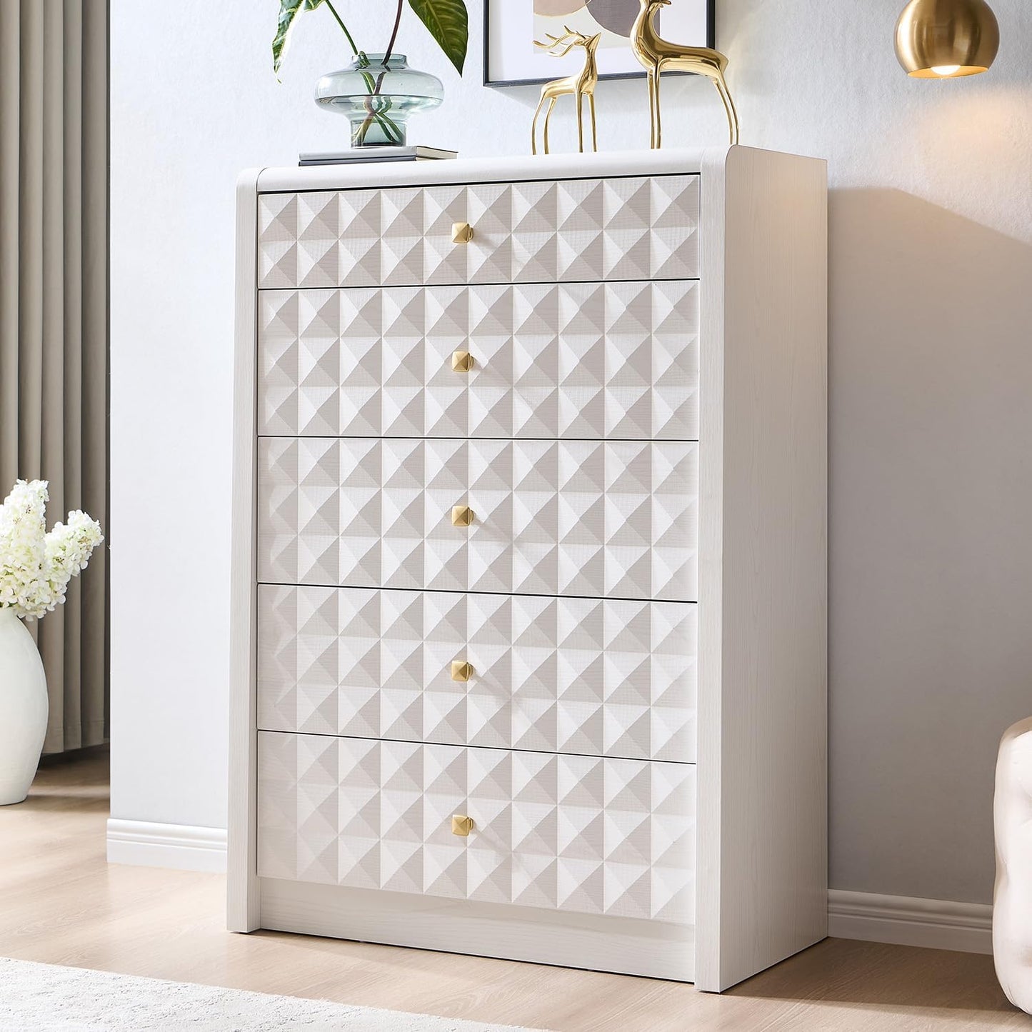 Modern 5 Drawer Dresser for Bedroom, Wooden Tall Dressers &Chests of Drawers W/Two Different Drawer Sizes, Mid Century Modern Dresser W/Diamond Panel Decorate for Bedroom, Curved Profile Design, White