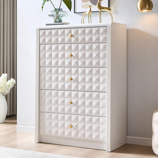 Modern 5 Drawer Dresser for Bedroom, Wooden Tall Dressers &Chests of Drawers W/Two Different Drawer Sizes, Mid Century Modern Dresser W/Diamond Panel Decorate for Bedroom, Curved Profile Design, White