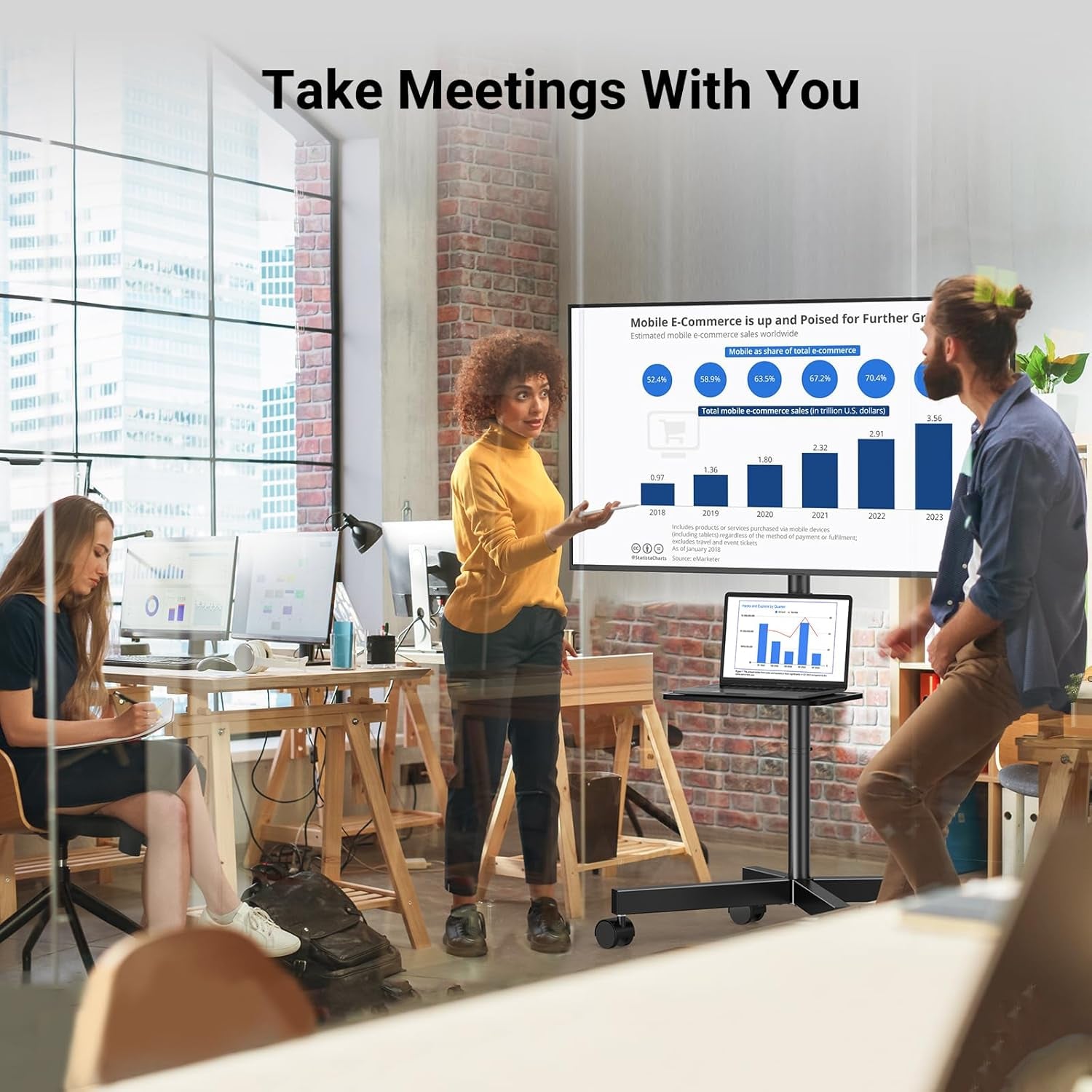 Mobile TV Stand for 23-60 Inch LCD LED Flat/Curved Screen Tvs, Tilt TV Cart Holds up to 88Lbs, Portable TV Stand with Laptop Shelf, Rolling TV Floor Stand Max VESA 400X400Mm (PSTVMC06)