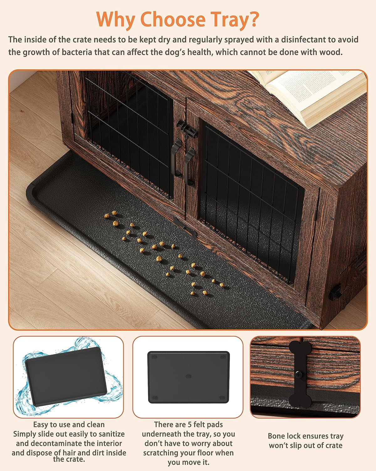 Wooden Dog Crate Furniture with 360°Rotatable Removable Dog Bowls, Dog Crate End Table with Tray, Double Doors Dog Kennels for Dogs(M:31.8" L*22.1" W*24.1" H, Rustic Style)