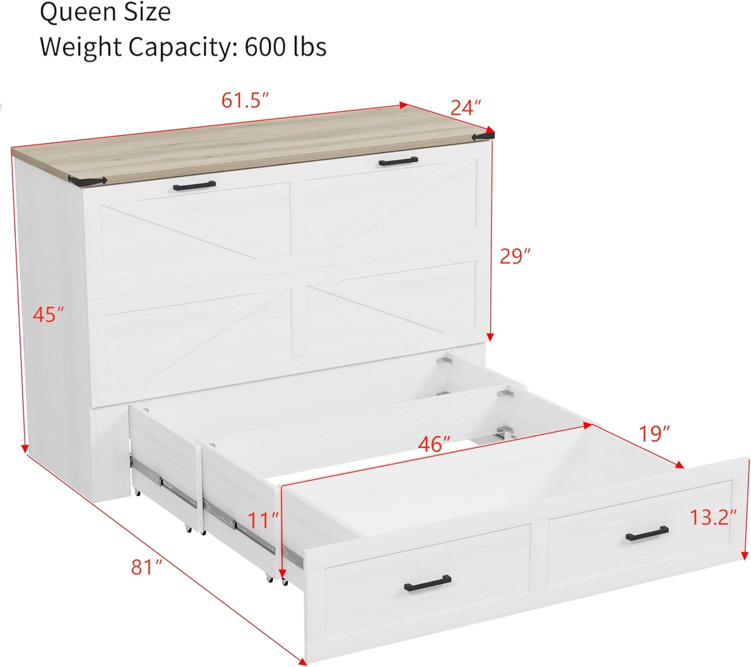 Modern Farmhouse Solid Wood Murphy Cabinet Bed with Charging Station, Foldable Wall Platform Bed with Storage Drawer/No Box Spring Needed/Easy Assemble/Queen, White