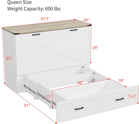 Modern Farmhouse Solid Wood Murphy Cabinet Bed with Charging Station, Foldable Wall Platform Bed with Storage Drawer/No Box Spring Needed/Easy Assemble/Queen, White