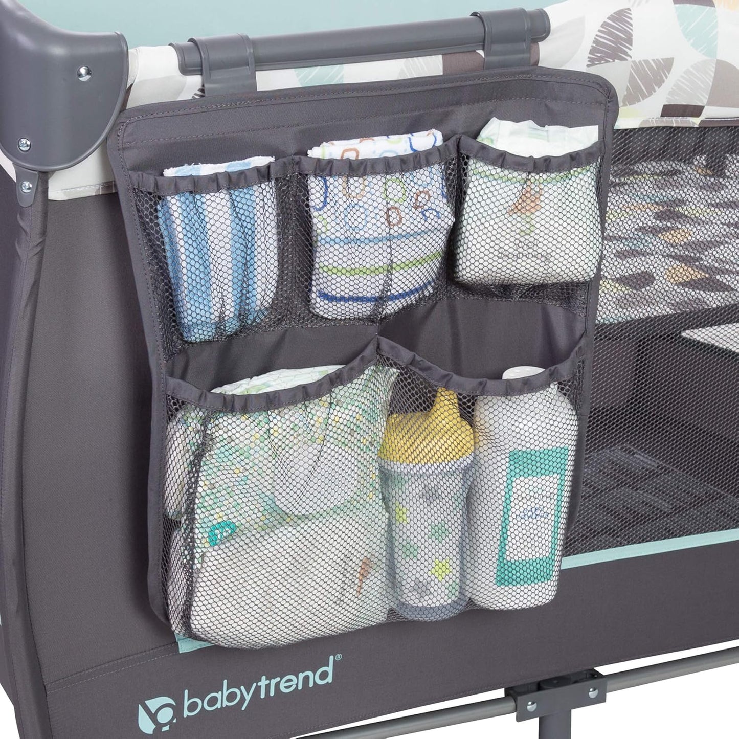 Nursery Center, Portable Playard with Bassinet, Changing Table and Storage Organizer, Trend-E - Foldable and Convertible Travel Play Crib for Babies and Toddlers, Doodle Dots