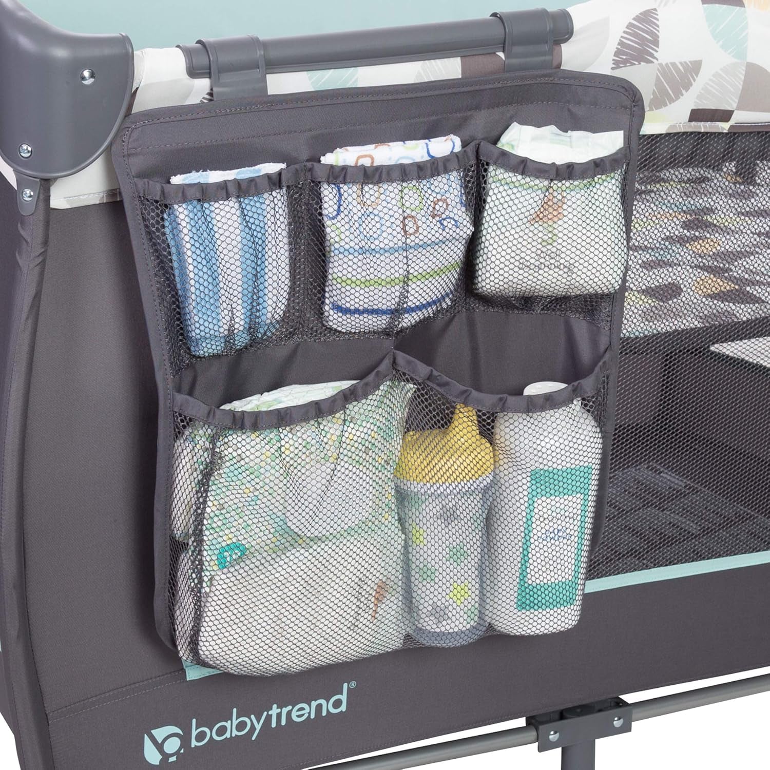 Nursery Center, Portable Playard with Bassinet, Changing Table and Storage Organizer, Trend-E - Foldable and Convertible Travel Play Crib for Babies and Toddlers, Doodle Dots