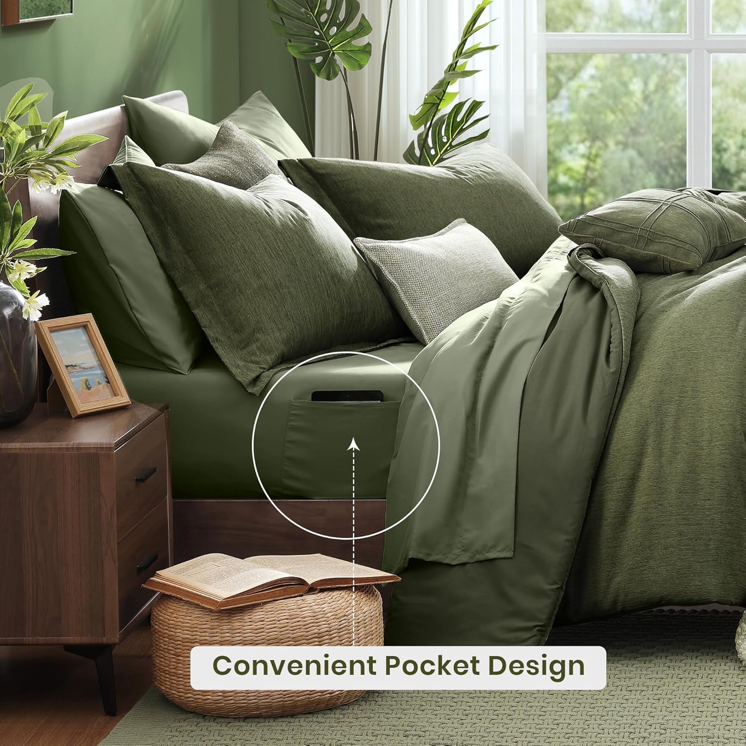 Queen Comforter Set - 7 Pieces Cationic Dyeing Olive Green Bed in a Bag Queen Bedding Sets with Comforter, Sheets, Pillowcases & Shams, Reversible Bedding Comforters Sets