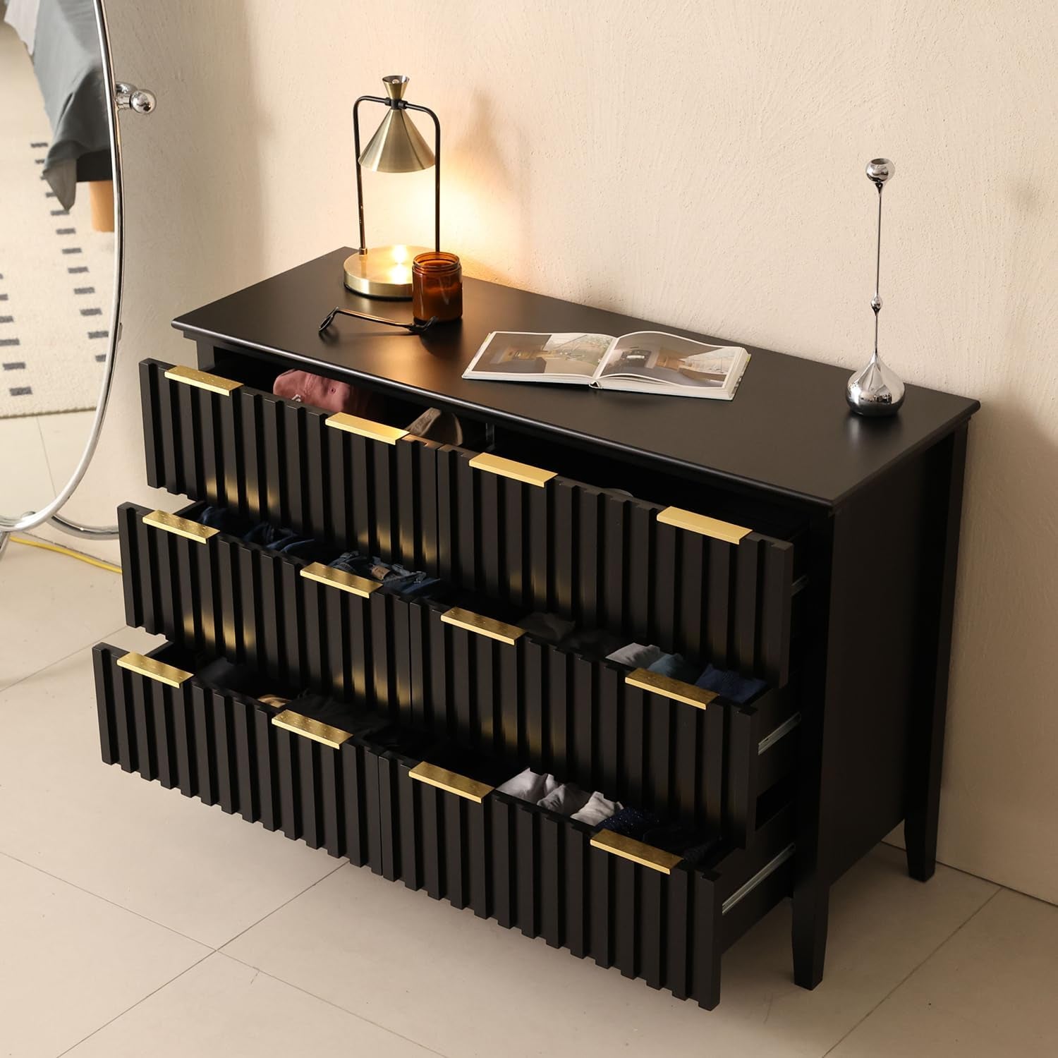 3 Piece Dresser and Nightstand Sets Modern Fluted Bedroom Set with 6 Drawer Dresser & 2 Nightstands,Mdf Wood, Gold Handles, Black Finish, Storage Furniture for Bedroom, Closet, Apartment