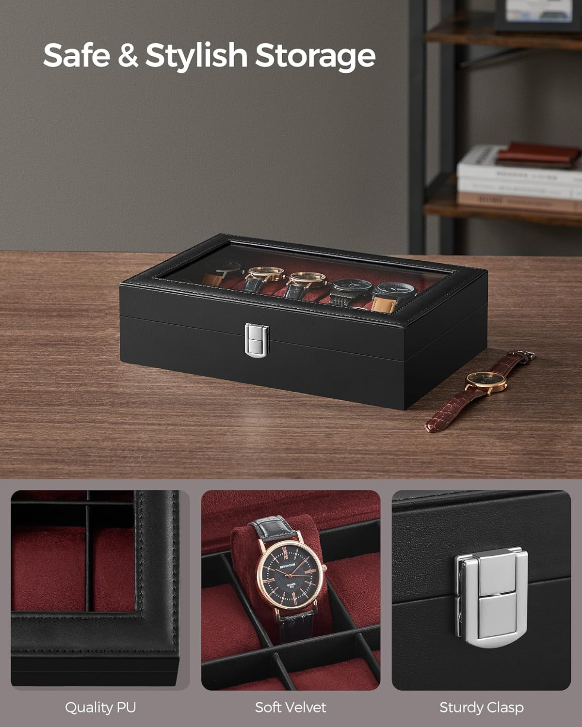Watch Box, 12-Slot Watch Case with Large Glass Lid, Removable Watch Pillows, Watch Box Organizer, Gift for Loved Ones, Black Synthetic Leather, Wine Red Lining UJWB120R01