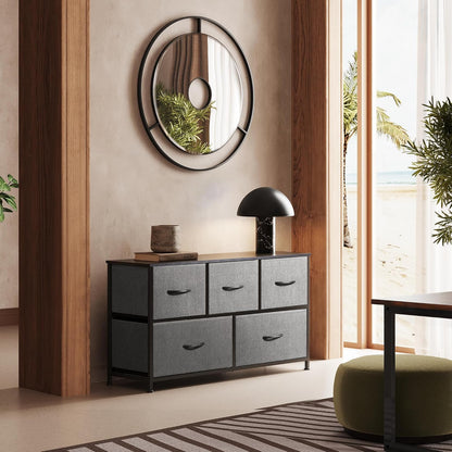 Dresser for Bedroom with 5 Drawers, Wide Chest of Drawers, Fabric Dresser, Storage Organizer Unit with Fabric Bins for Closet, Living Room, Hallway, Dark Grey