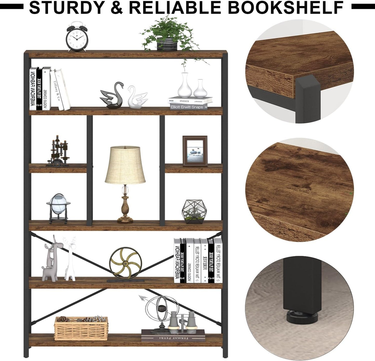 Rustic Bookcases and Book Shelves, Metal Wood 6 Tier Bookshelf and Book Rack Storage, Industrial Vertical Display Etagere Book Case 6 Shelf, Vintage Large Book Shelf for Bedroom Living Room, Brown