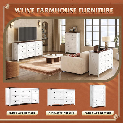 Farmhouse 6 Drawer Dresser for Bedroom, 53.07'' Wide Wood Dresser, White Dressers Storage Organizer with Double Rustic Handle, TV Stand for 60 Inch TV, Chest of Drawers for Living Room, Hallway