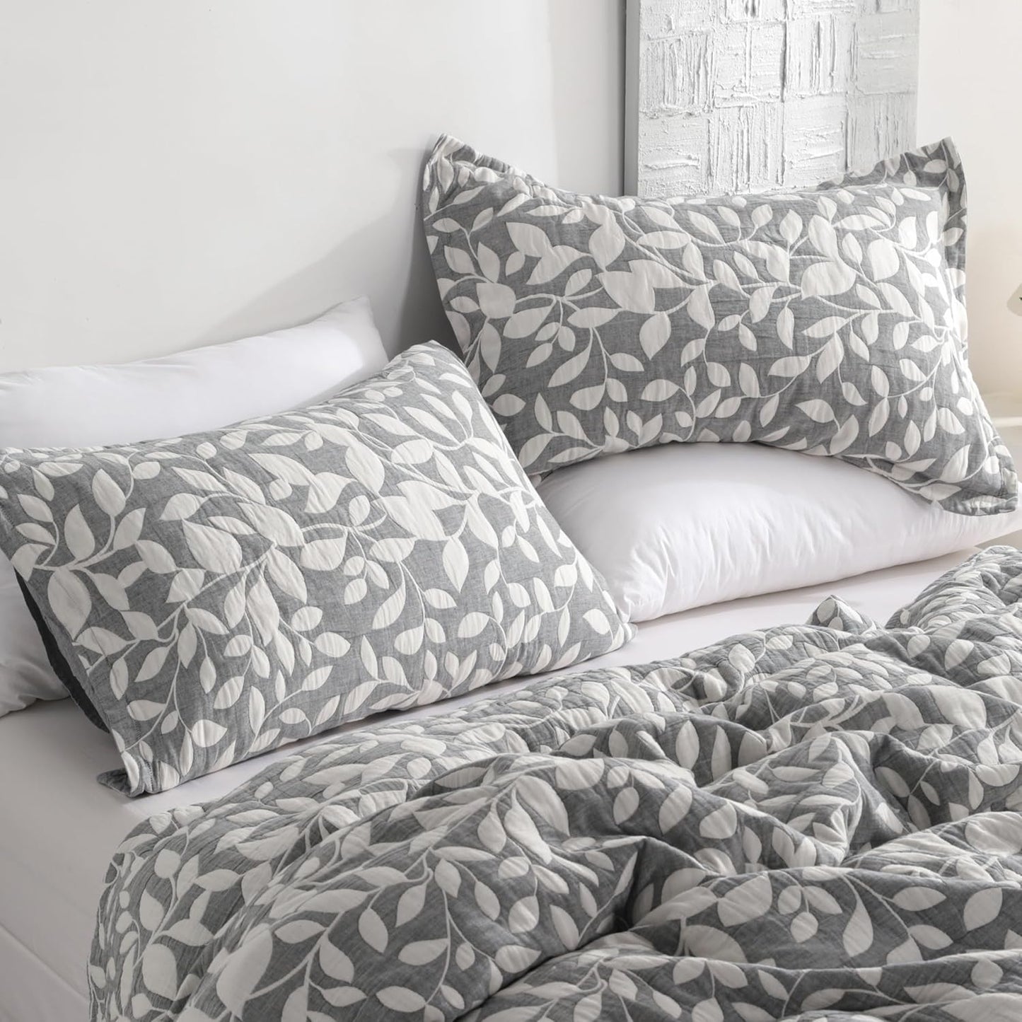 Cotton Standard Pillow Shams, 3 Layer Muslin Breathable Soft Thermal Yarn Dyed Sham Covers, 2 Pack 20X26 Oxford Pillowcases with Envelope Closure, Grey Leaf