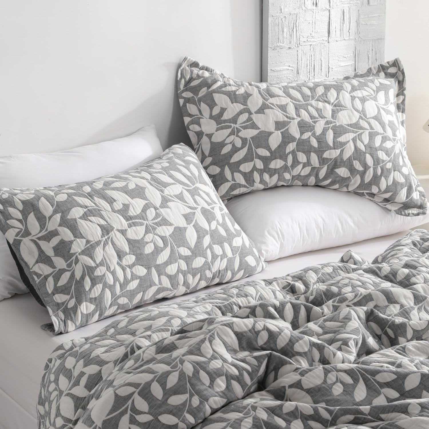 Cotton Standard Pillow Shams, 3 Layer Muslin Breathable Soft Thermal Yarn Dyed Sham Covers, 2 Pack 20X26 Oxford Pillowcases with Envelope Closure, Grey Leaf