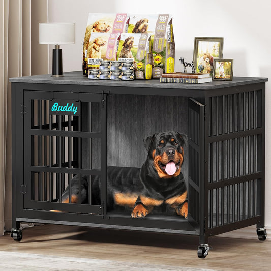 48"/42"/33" Dog Crate Furniture with Name Tag, Heavy Duty Dog Kennel Indoor for Large Dogs, Escape-Proof and Chew-Proof Dog Cage for High Anxiety Dog, Decorate House as TV Stand, End Table