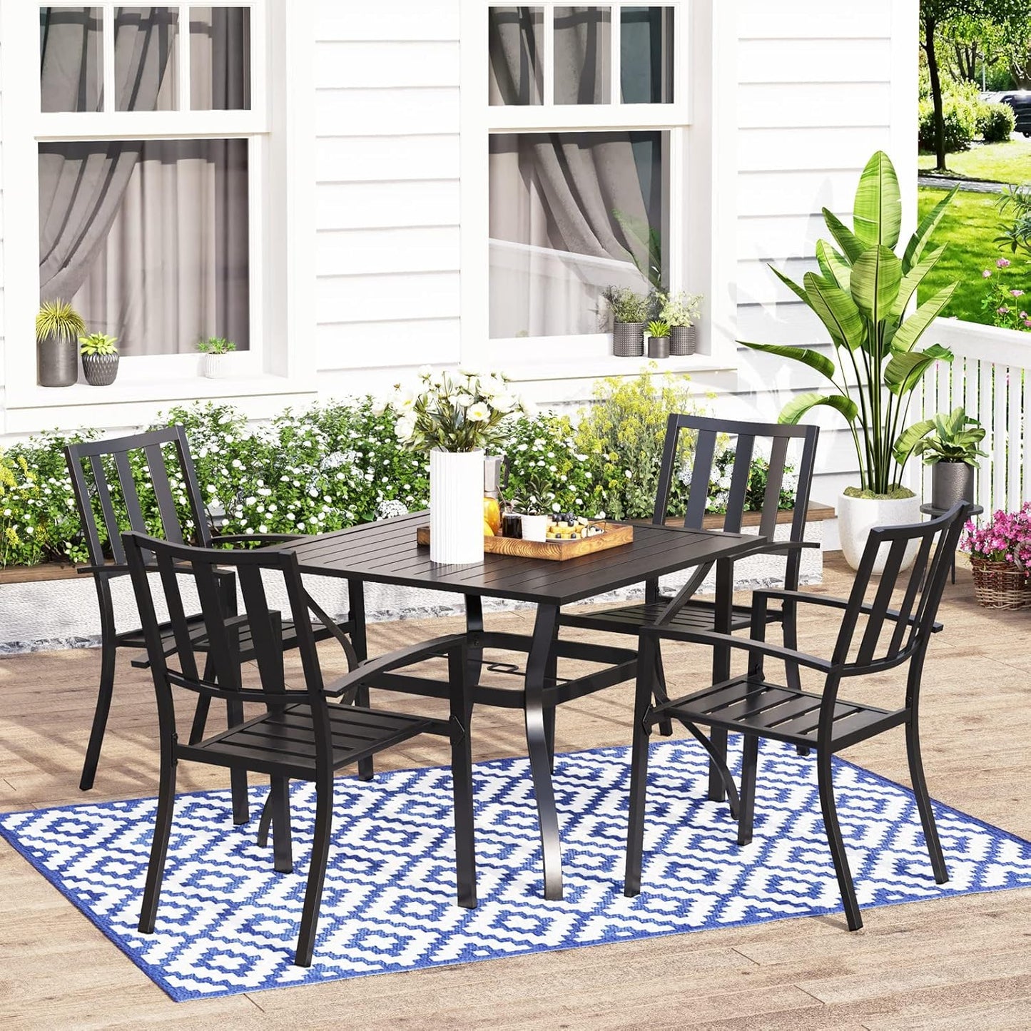 Outdoor Dining Set for 4, Patio Table and Chairs Set with Umbrella Hole, Metal Patio Furniture Set for Patio, Deck, Yard, Porch