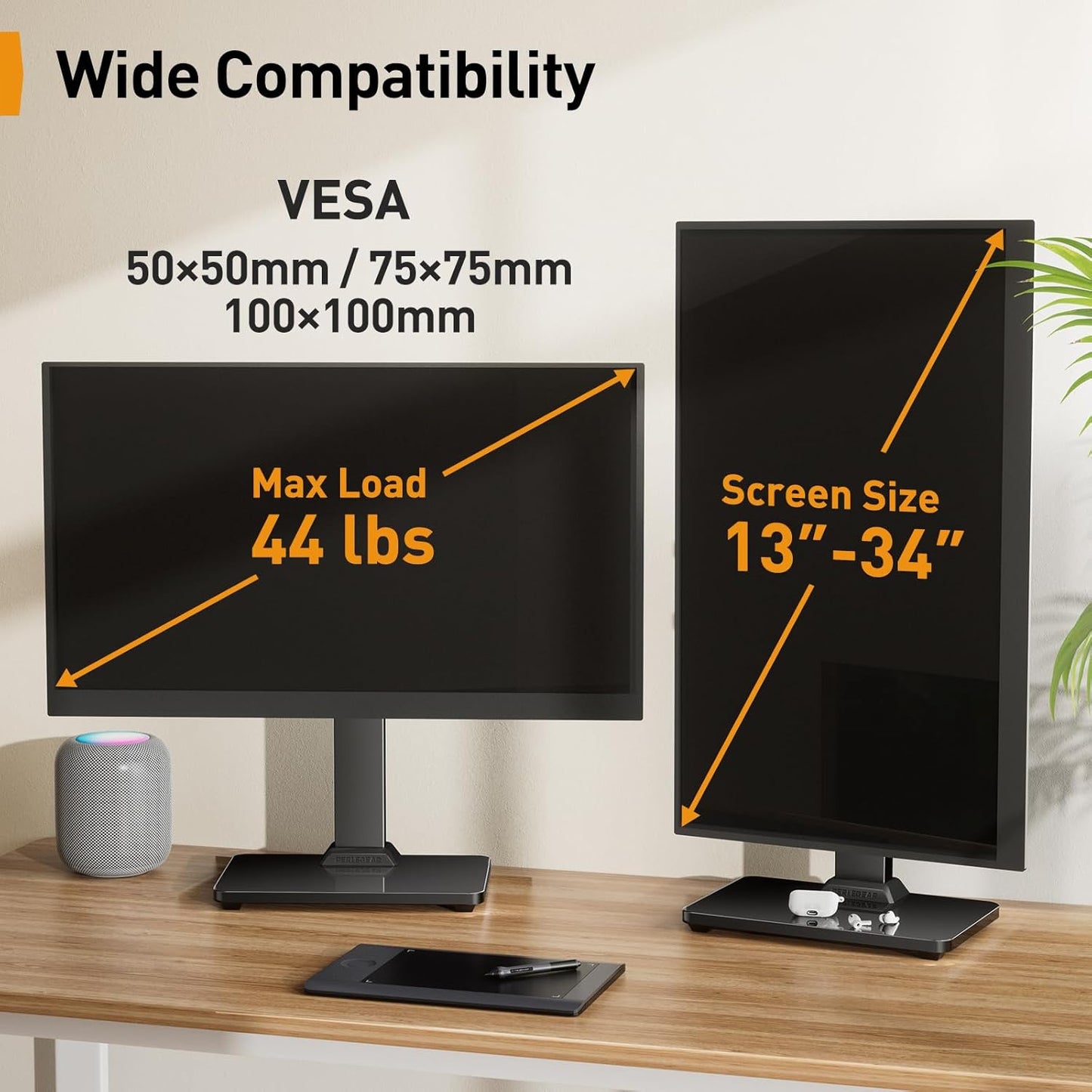 Monitor Stand, Freestanding Monitor Mount for 13-34 Inch Screens with 360 Degree Rotation, 5 Height Settings, Adjustable Desk Riser with Swivel and Tilt, Max VESA 100X100Mm, PGTVS29