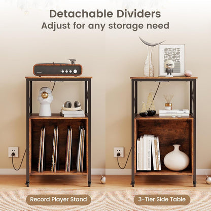 Record Player Stand with Charging Station, Rolling 3-Tier Turntable Stand with Open Shelf & Dividers, Record Player Table with Metal Frame, Vinyl Record Storage on Wheels for Living Room