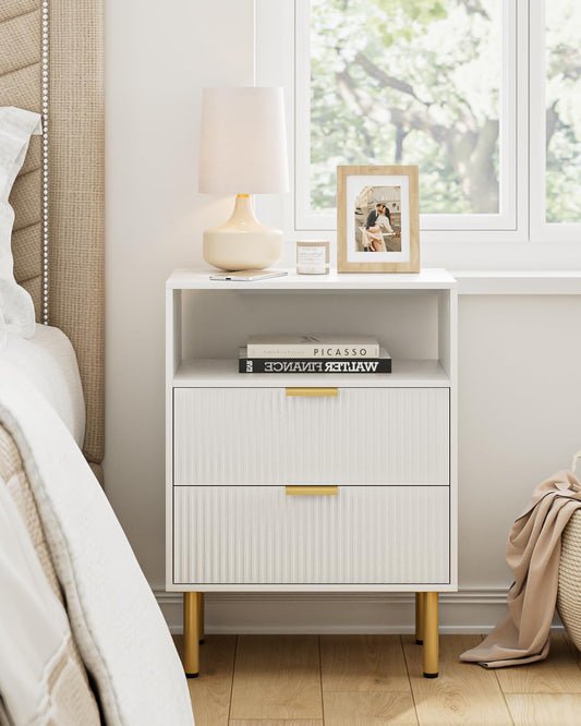 Night Stand,Tall Bedside Table with 3Storage Drawers,White Nightstand,Bedside Furniture,Side Table with Gold Frame,End Table for Bedroom,Living Room (Modern-2Drawers 1Shelf, White)