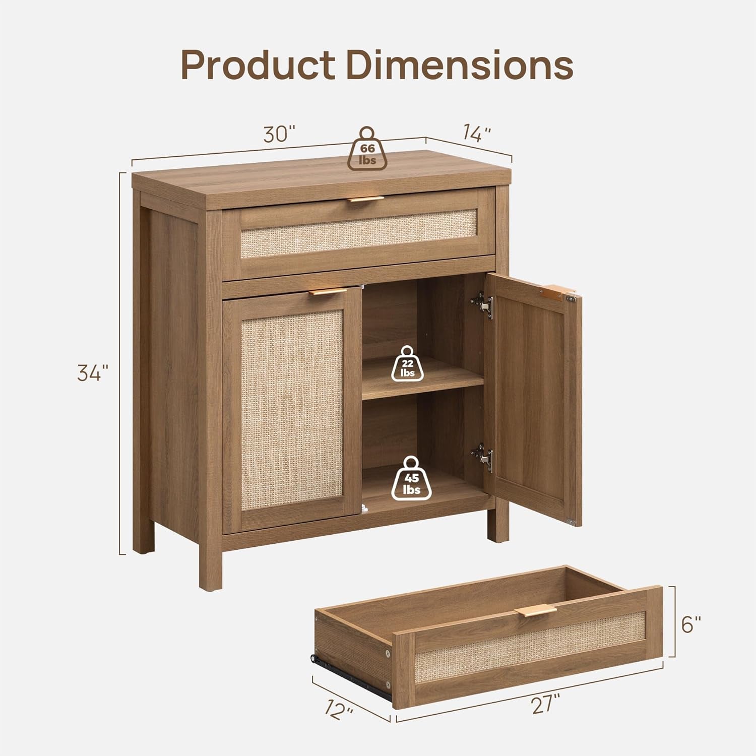 Buffet Cabinet Sideboard with Storage, Rattan Accent Cabinet with Doors Drawer, Boho Credenzas Farmhouse Buffet Table Console Coffee Bar Cabinets for Entryway Living Room, Natural Oak