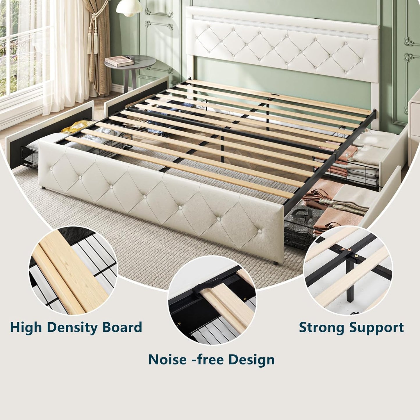 Bed Frame Full Size with LED Light and Storage Drawers, Adjustable Headboard with PU Leather Upholstered, 2 Sockets and 2 USB Ports, No Box Spring Needed,Wooden Slats Support, White.
