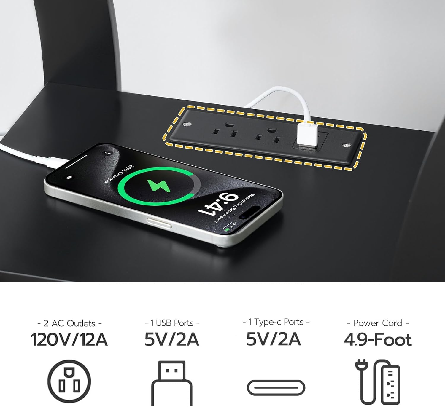 Black End Table with Charging Station, Skinny Side Table with USB Ports and Outlets, Nightstand, 3 Tier Bedside Table with Storage Shelf for Living Room, Bedroom, Small Space ETBK53E01