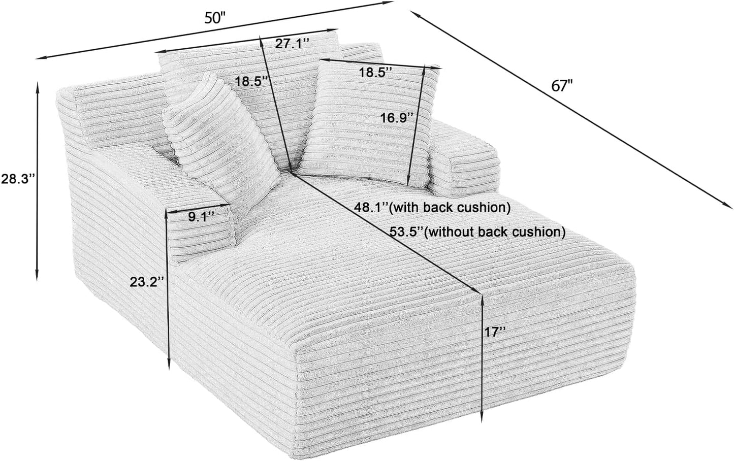 67 Inch Chaise Lounge Chair Indoor, Oversized Corduroy Upholstered Boneless Sofa Bed, Deep Seat Sleeper Couch Reading Chairs, Cloud Sofas Couches for Living Room, No Assembly Required (Olive Green)