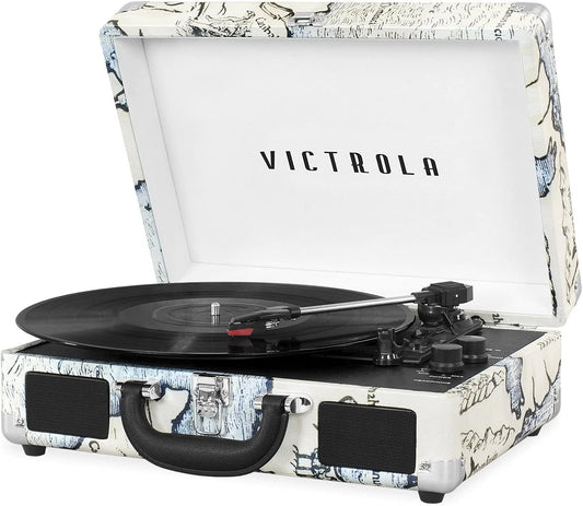 Journey Bluetooth Portable Suitcase Record Player – with Built-In Speakers, 3 Speed Vinyl Record Player, RCA Out, Headphone Jack (Retro Map)
