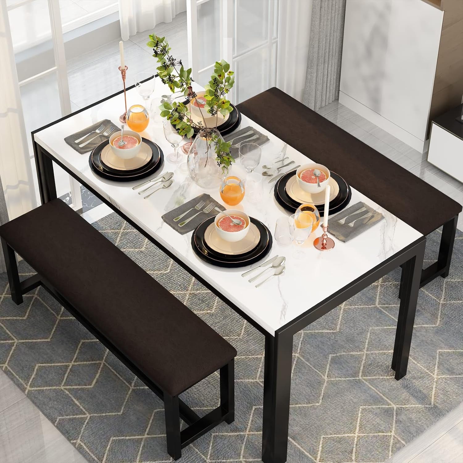 Dining Room Table Set with 2 Benches, Dining Table Set for 4-6, Dinner Table Set for 4, Faux Marble Breakfast Table Set & PU Leather Upholstered Benches for Small Spaces, Apartment, White