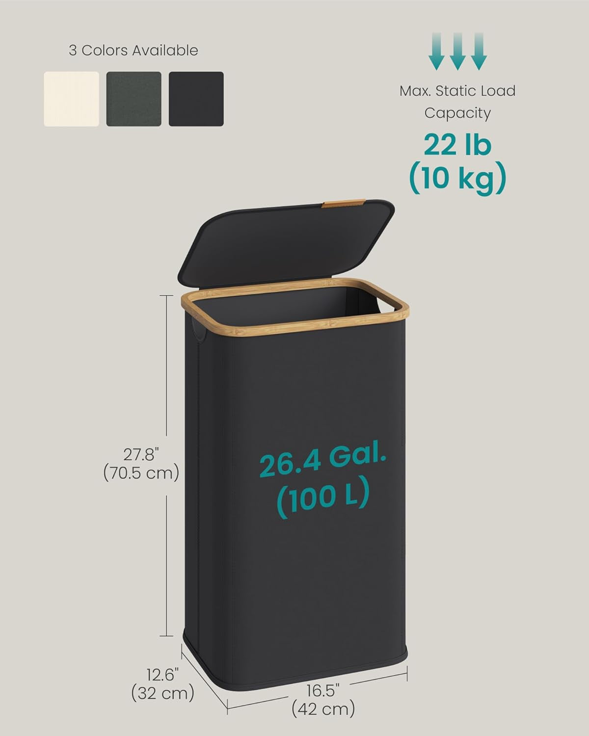 Laundry Hamper, Laundry Basket with Lid, Foldable Storage Basket, Bamboo Frame, for Bedroom, Living Room, Oxford Fabric, 26.4 Gal. (100 L), Ink Black ULCB518BH01