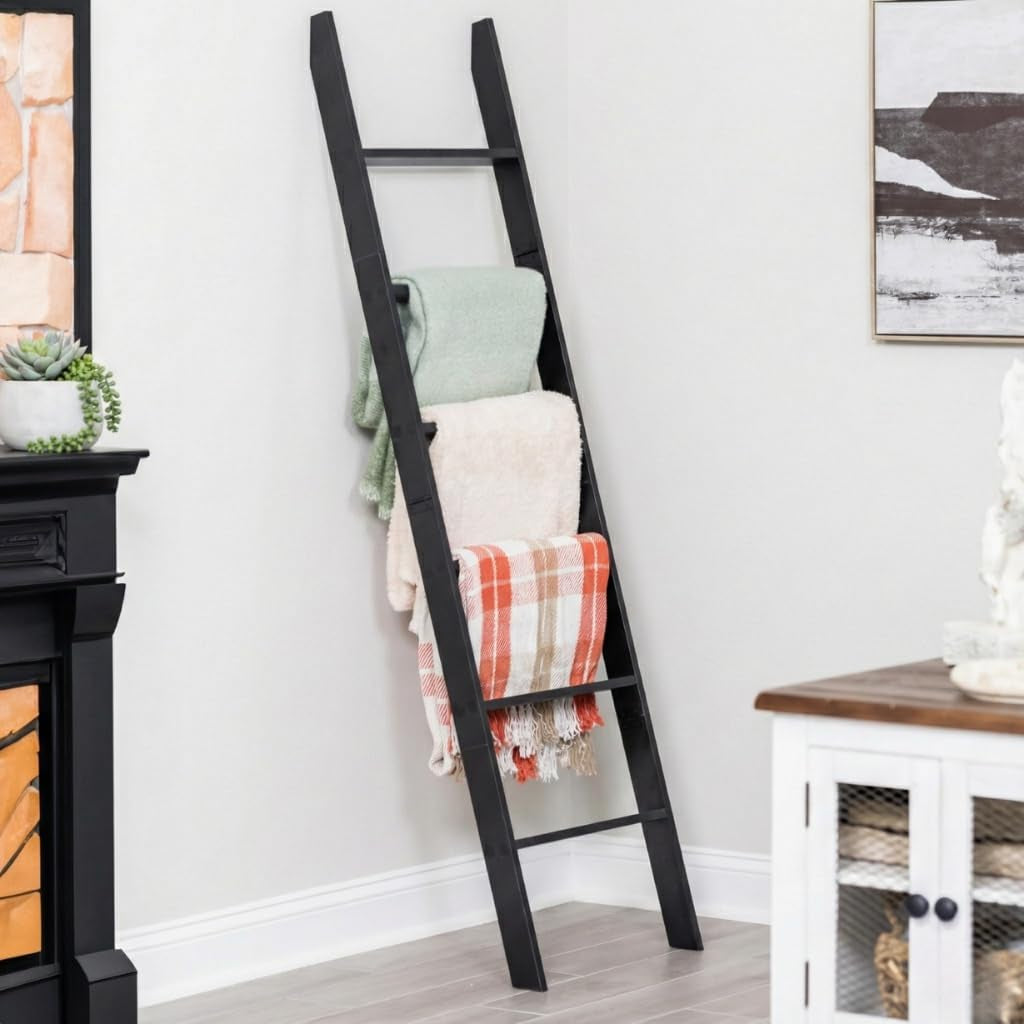 Blanket Ladder for the Living Room and Bedroom, 5Ft 8 Inch, 6-Tier Wall Leaning Laminate Snag Free Material (Black) Rustic Decorative Farmhouse Blanket Rack, Quilt Rack, Ladder Shelf, Easy Assembly