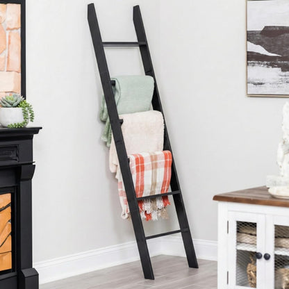 Blanket Ladder for the Living Room and Bedroom, 5Ft 8 Inch, 6-Tier Wall Leaning Laminate Snag Free Material (Black) Rustic Decorative Farmhouse Blanket Rack, Quilt Rack, Ladder Shelf, Easy Assembly
