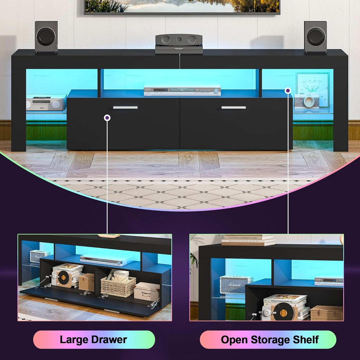 Modern Lighting 63 Inch TV Stand with Large Storage Drawer for 50 55 60 65 70 75 Inch Tvs, TV Console with 20 Color LED Lights, Entertainment Center Media and Open Shelf for Bedroom, Black