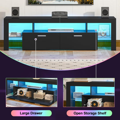 Modern Lighting 63 Inch TV Stand with Large Storage Drawer for 50 55 60 65 70 75 Inch Tvs, TV Console with 20 Color LED Lights, Entertainment Center Media and Open Shelf for Bedroom, Black