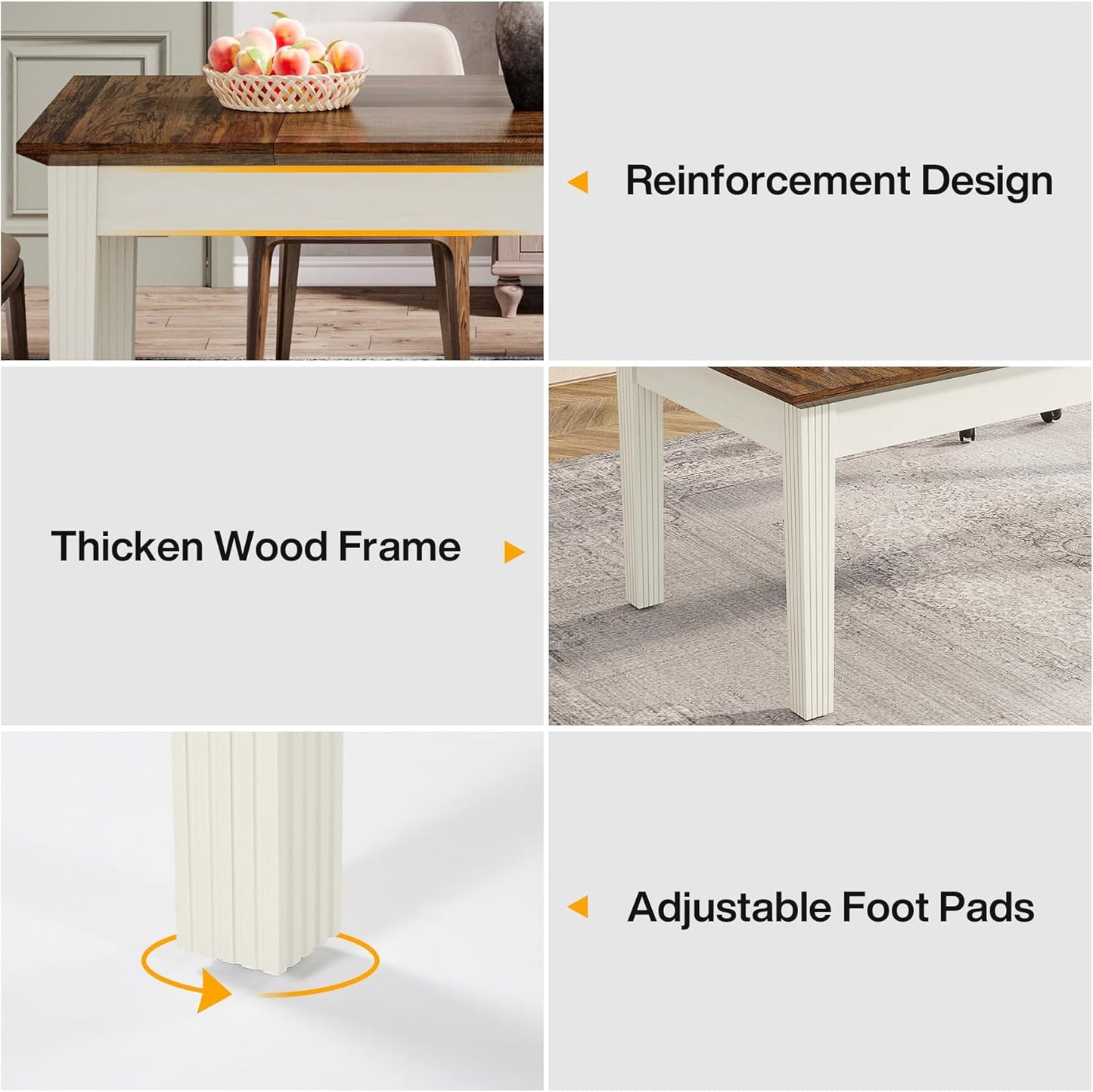 Dining Table for 4-6 People, 62-Inch Rectangular Kitchen Table with Solid Wood Legs, Modern Farmhouse Dinner Table for Dining Room, Kitchen, Living Room, Rustic Brown & Cream White