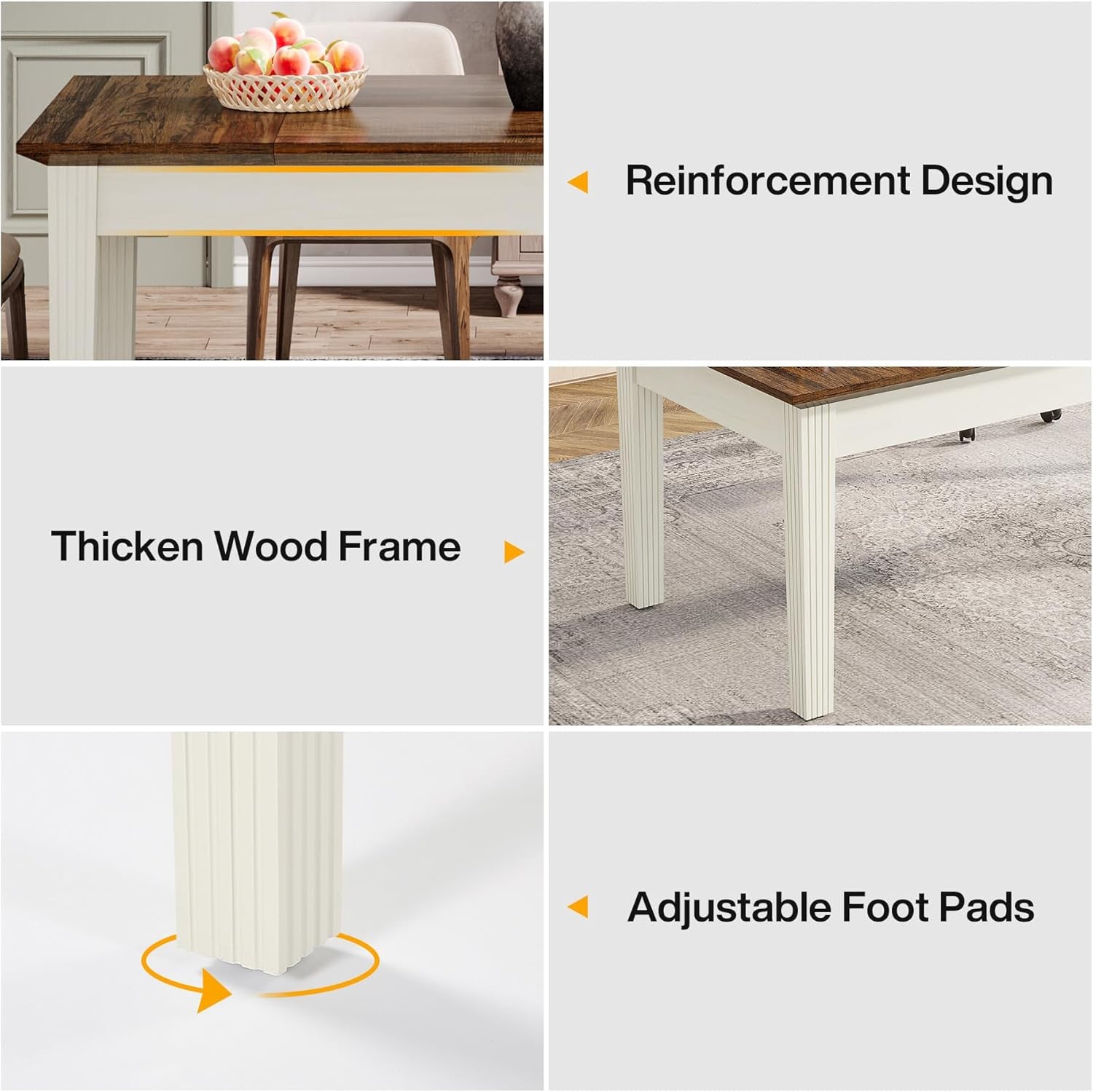 Dining Table for 4-6 People, 62-Inch Rectangular Kitchen Table with Solid Wood Legs, Modern Farmhouse Dinner Table for Dining Room, Kitchen, Living Room, Rustic Brown & Cream White