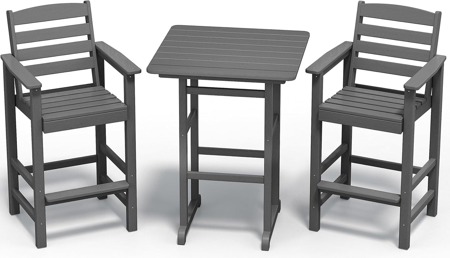 Balcony Adirondack Chairs and Table 3 Pieces Set, Adirondack Bar Height Chairs Set of 2 and Bar Table, Outdoor Bar Stools Set, Gray
