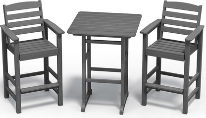 Balcony Adirondack Chairs and Table 3 Pieces Set, Adirondack Bar Height Chairs Set of 2 and Bar Table, Outdoor Bar Stools Set, Gray