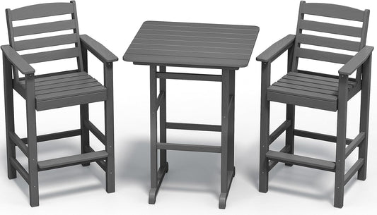 Balcony Adirondack Chairs and Table 3 Pieces Set, Adirondack Bar Height Chairs Set of 2 and Bar Table, Outdoor Bar Stools Set, Gray