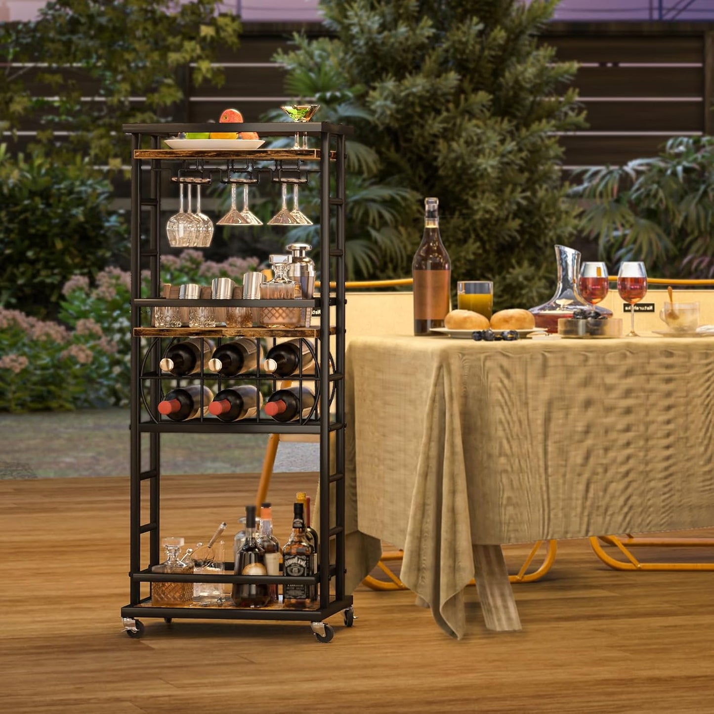 4 Tier Bar Cart for Home with Wheels,Home Bar Serving Cart, Rolling Mini Wine Cart with Wine Rack and Glass Holder, Drink Cart for Dining Room, Living Room, Kitchen, Bar and Outdoor, Rustic Brown