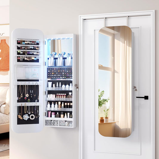 6 Leds Mirror Jewelry Cabinet Door Hanging, 47.2" Wall Mounted Jewelry Cabinet, Lockable Full Length Mirror with Storage, Rounded Corner Mirror Jewelry Organizer, 2 Drawers, White