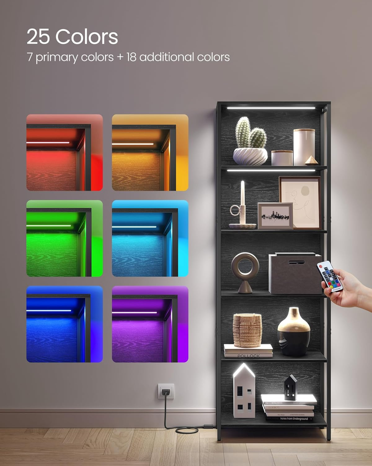 6-Tier LED Bookshelf, Display Shelf with Dimmable Lights, LED Bookcase with Steel Frame, 11.9 X 15.7 X 70.3 Inches, for Living Room, Bedroom, Office, Black with Wood Grain ULLS121B56