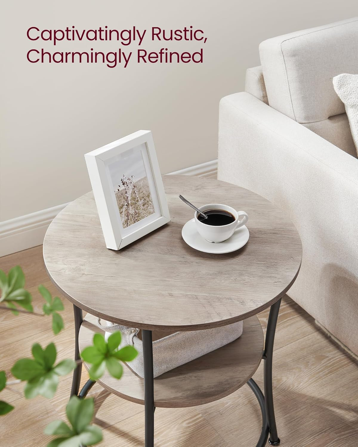 Side Table, 2-Tier round End Table, Nightstand with Steel Frame for Small Spaces, Living Room, Bedroom, Natural Beige