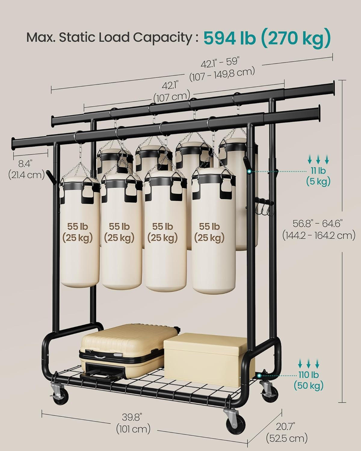 Clothes Rack, Heavy-Duty Rolling Clothing Garment Rack with Wheels, Extendable Double Hanging Rods and Adjustable Height, Portable, with Shelf and Hooks, Ink Black UHSR015B01