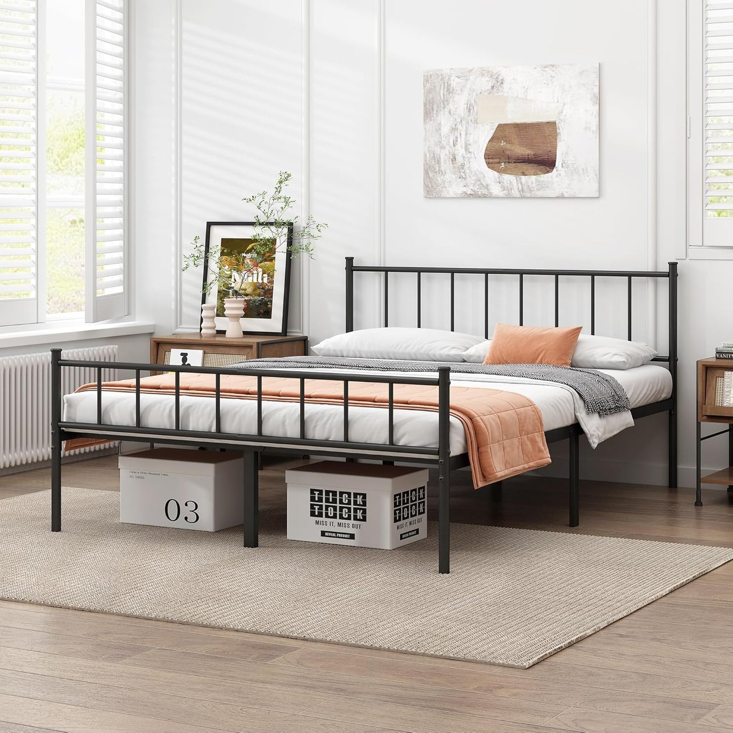 Classic queen metal platform bed frame with steel slats, view 3