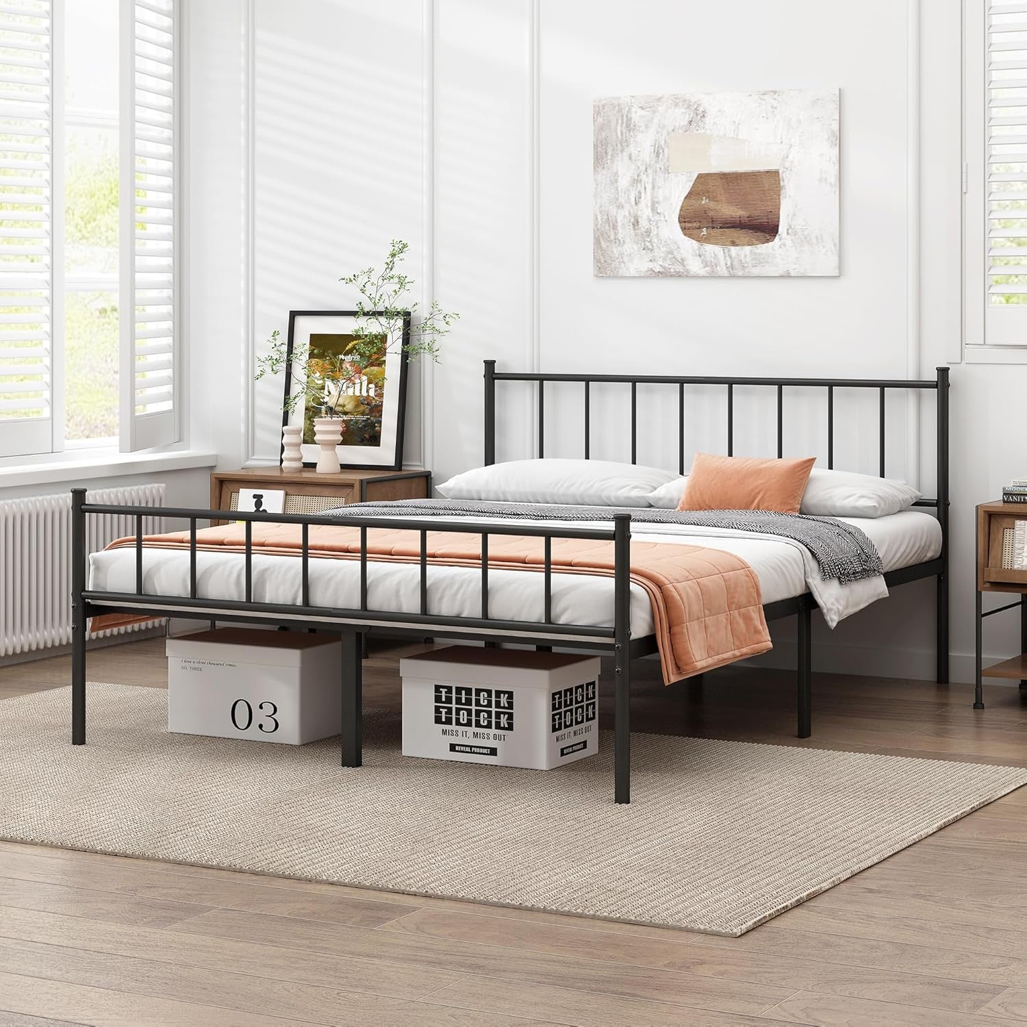 Classic queen metal platform bed frame with steel slats, view 3