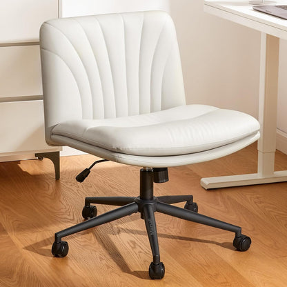 Armless-Office Desk Chair with Wheels: PU Leather Cross Legged Wide Chair,Comfortable Adjustable Swivel Computer Task Chairs for Home,Office,Make Up,Small Space,Bed Room(Light Beige)
