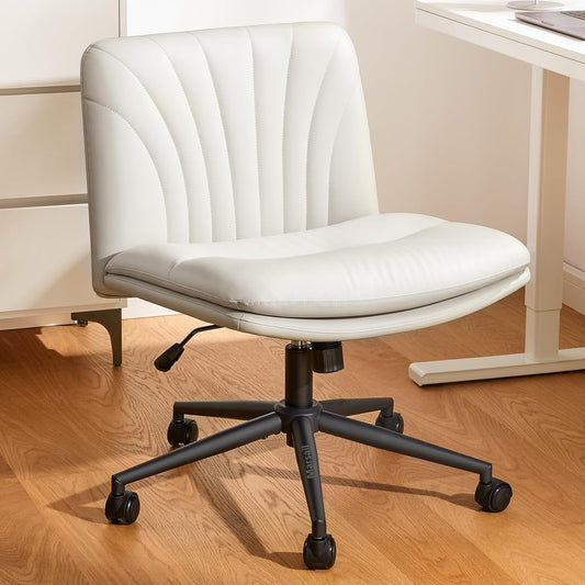 Armless-Office Desk Chair with Wheels: PU Leather Cross Legged Wide Chair,Comfortable Adjustable Swivel Computer Task Chairs for Home,Office,Make Up,Small Space,Bed Room(Light Beige)