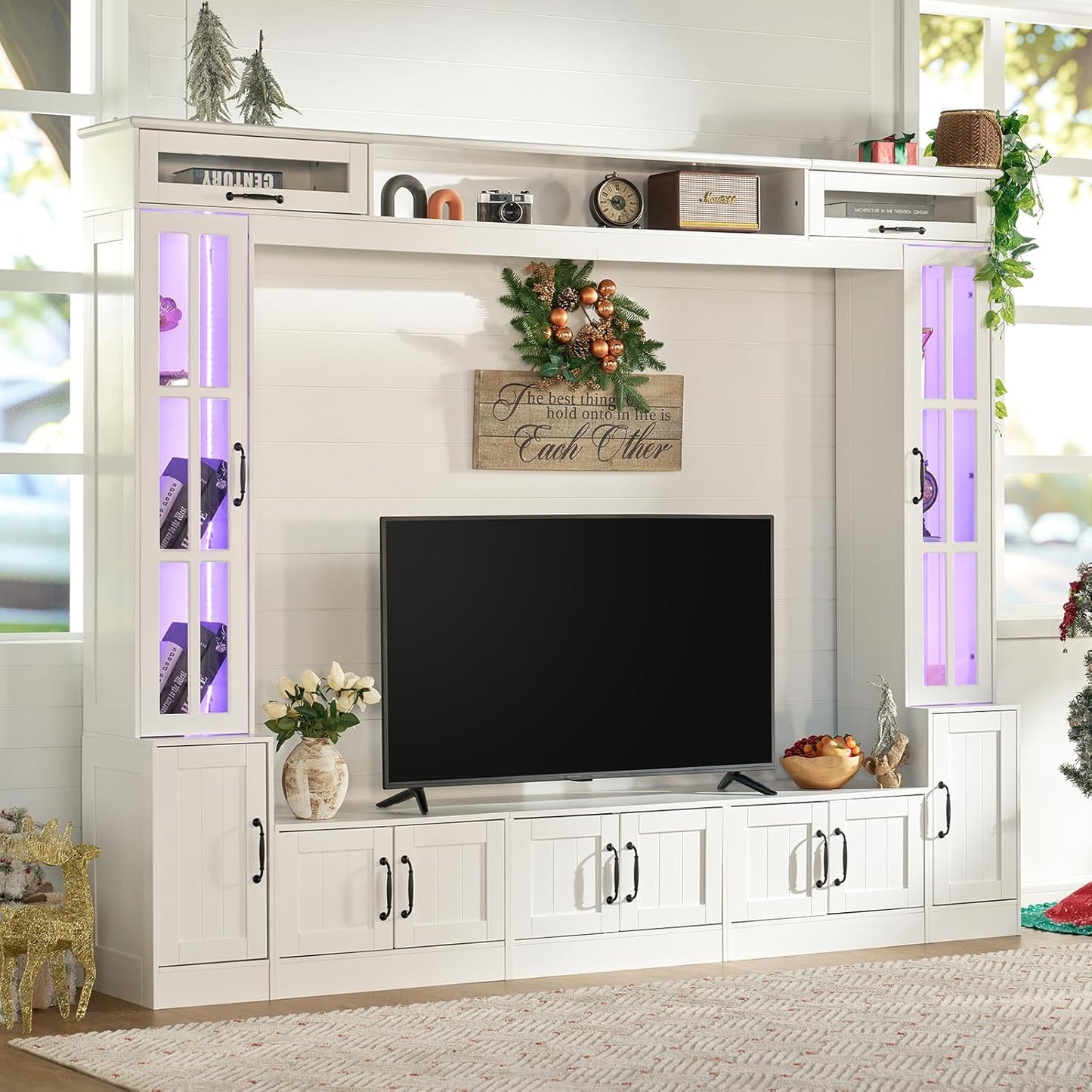 98" Wide Wall Unit TV Stand with Storage for Tvs up to 80", Large Modern TV Console Table with LED Lights, Entertainment Center with Bookshelves for Living Room, White