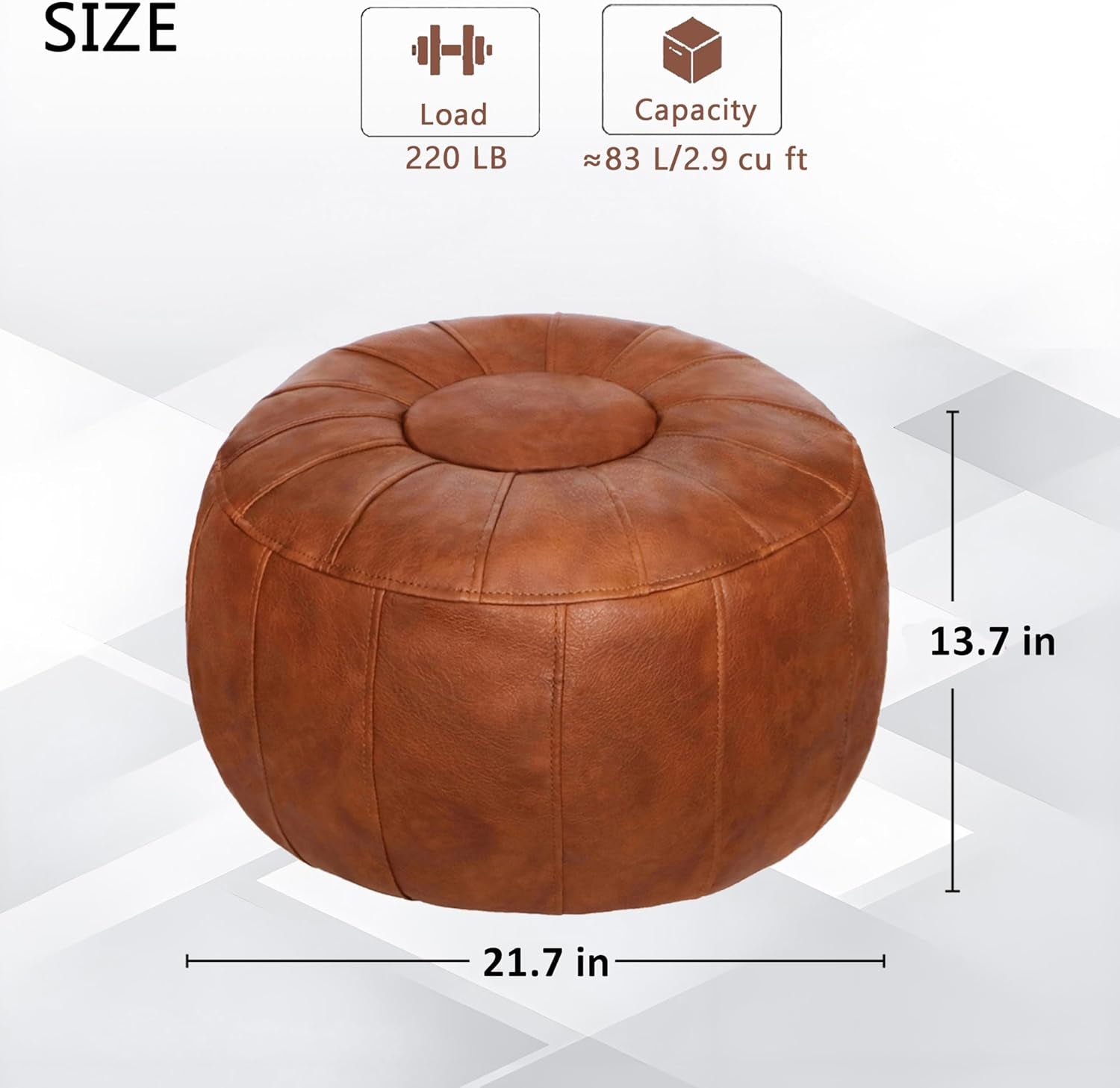 Unstuffed Moroccan Storage Pouf Foot Stool Ottoman Seat Handmade Faux Leather Bean Bag Floor Chair Foot Rest for Living Room, Bedroom or Balcony (Light Brown)