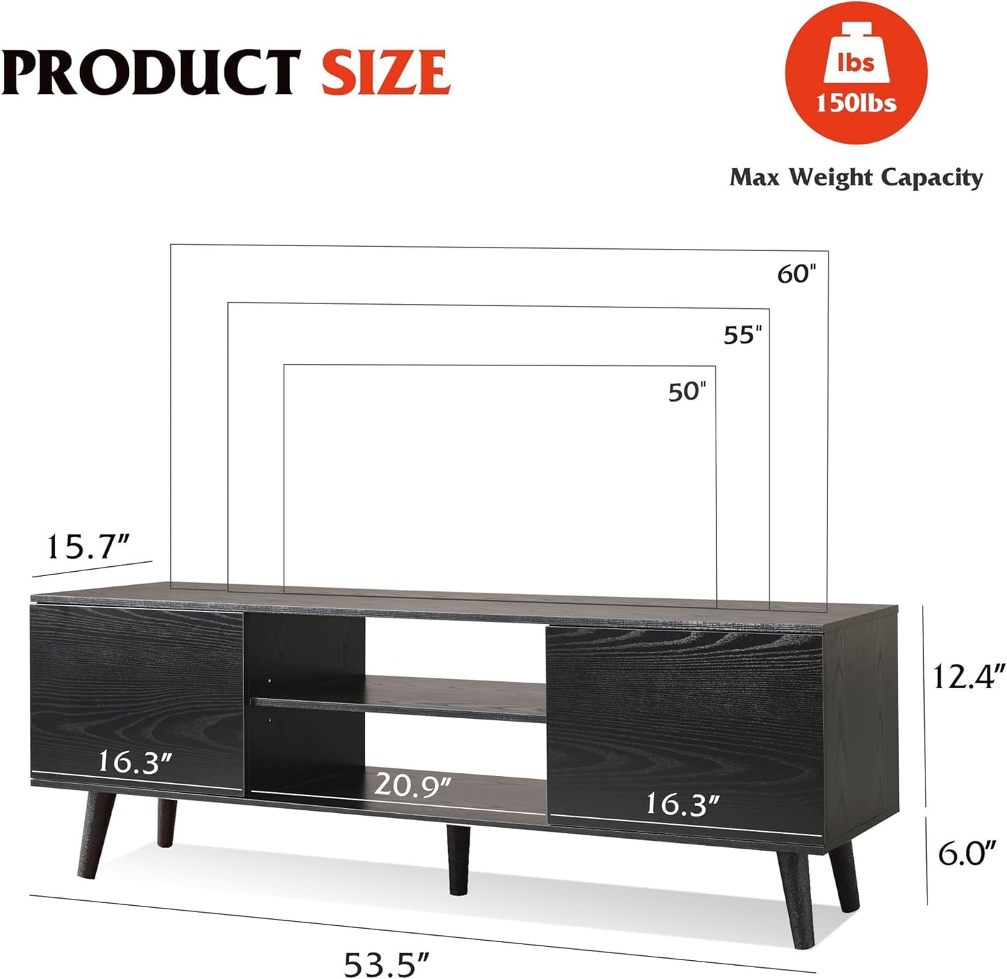 Mid-Century Modern TV Stand for 55 60 65 Inch TV, Entertainment Center with Storage & Adjustable Shelves, Media TV Console with Soft-Close Cabinets for Living Room Bedroom, Black