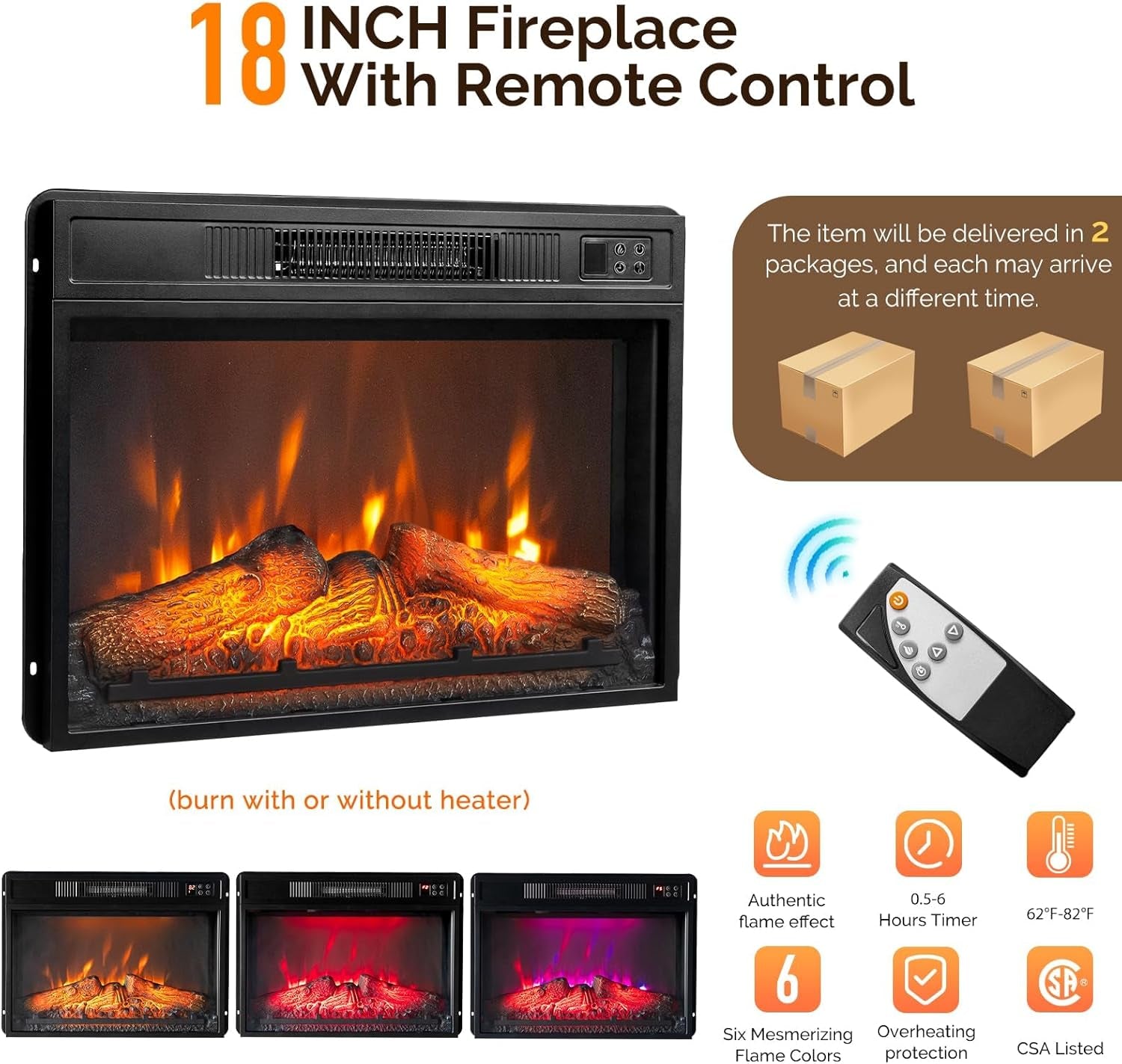 Fireplace TV Stand for up to 70 Inch Tvs, Modern Entertainment Center with Electric Fireplace Heater & Two Open Adjustable Shelves, Fireplace Media Console Table for Living Room, Black